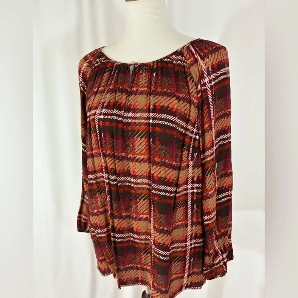 NWOT Talbots Brown/Orange Plaid Long Sleeve Top